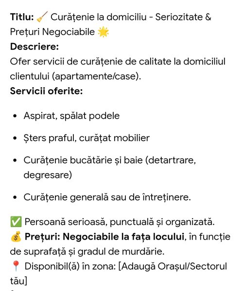 Curatenie la domiciliu clientului la preturi mici, detalii la Nr telefon